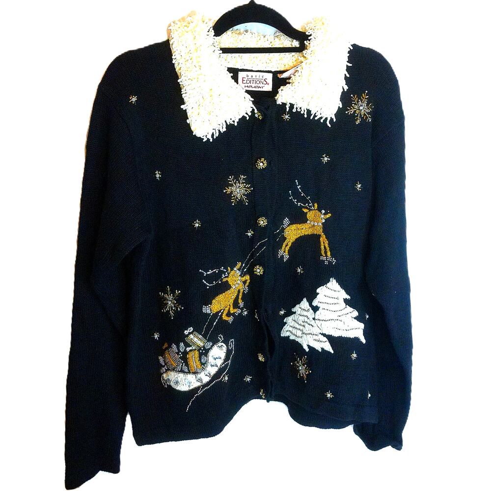 Vintage Basic Editions Christmas Cardigan Holiday Reindeer Beaded Sweater XL